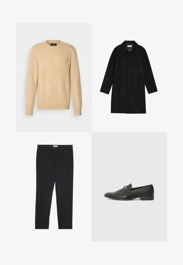 Zwarte jas gemaakt van zachte, gestructureerde stof. Beschikt over een kraag, raglanmouwen, zijzakken en een knoopsluiting aan de voorkant.; Beige pullover trui gemaakt van zacht materiaal, met een ronde halslijn, lange mouwen en ribgebreide manchetten en zoom.; Zwarte katoenen broeken met een slim fit, voorzien van twee zijzakken en een sluiting met een voorknop. Geweven stof met subtiele.details.; Zwarte leren instapper met een gladde afwerking, voorzien van een gestikt ontwerp en een decoratieve metalen kettingaccent over de wreef. Platte hak.