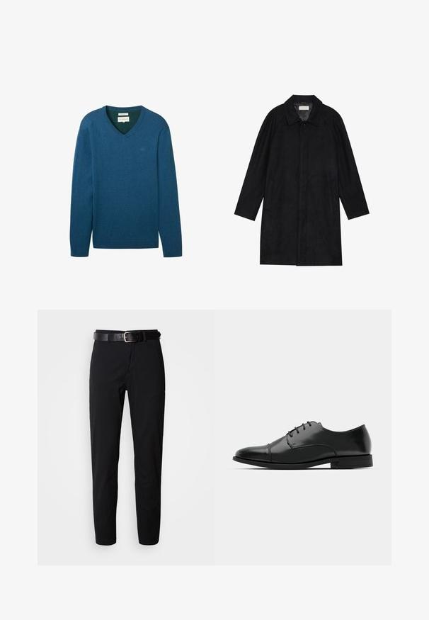 Melnā jaka, izgatavota no mīksta, teksturēta auduma. Ar apkakli, raglāna piedurknēm, sānu kabatām un priekšējo pogu aizdari.; Zils v-veida džemperis, kas izgatavots no mīksta kokvilnas, ar garām piedurknēm un ribotu aproču un apakšmali; ietver nedaudz pamanāmu logotipu uz krūšu.; Melnas bikses ar taisnu griezumu, ar gludu tekstūru un melnu ādas jostu ar sudraba sprādzi. Vienkāršs dizains, bez rakstiem vai akcentiem.; Melnas ādas vadmalas kurpes ar noapaļotu purngalu, saistījuma dizains, smalkas izšuvumu detaļas un zema papēža. Gluda tekstūra ar spīdīgu apdari.