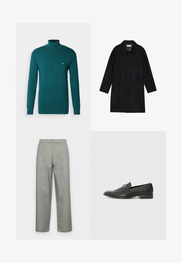 Must mustritud pehme kangast must mantel. Omab kraed, raglanvarrukaid, külgkotte ja ees nuppe.; Teal värvi kõrge kaelusega sall-sweater, mis on valmistatud siledast kudumifriikist. Omab pikki varrukaid ja diskreetset broderinguga logo rinnal.; Hallitatud hallid püksid, mis on valmistatud tekstuuriga kangast, sirge jala disainiga, ees pleekidega ning tavalise vöökohtadega, kus on vöökohad.; Must haveate nahkking punased, millel on sile viimistlus, tikitud muster ja dekoratiivne metallkett vampi üle. Tasane konts.