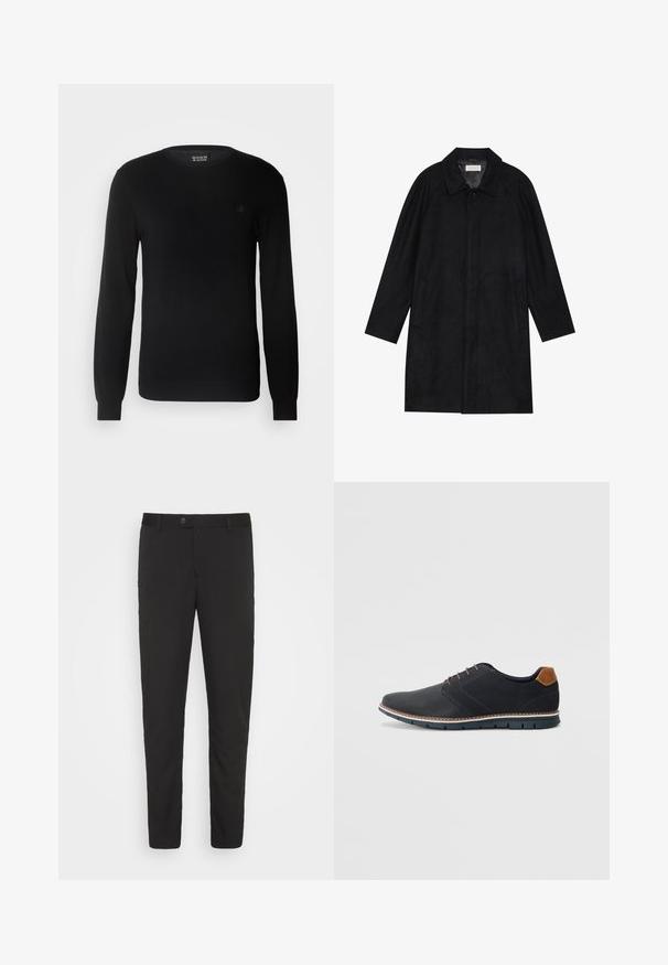 Črn plašč, izdelan iz mehkega, strukturiranega blaga. Ima ovratnik, raglan rokave, stranske žepe in sprednje zapiranje na gumbe.; Črni pleten pulover z okroglo izrezom, dolgimi rokavi in majhnim vezenim logotipom na prsih. Mehka tekstura in prilegajoč dizajn.; Črne hlače skrojene s ravnimi nogavicami, sprednjimi žepi in gumbom za zapiranje. Narejene so iz gladkega materiala z rahlim sijajem.; Črne sintetične čevlje z teksturirano zgornjščino, gladkimi akcenti, rjavim petnim delom in kontrastnim podplatom. Imajo minimalno vezanje in detajle šivanja.