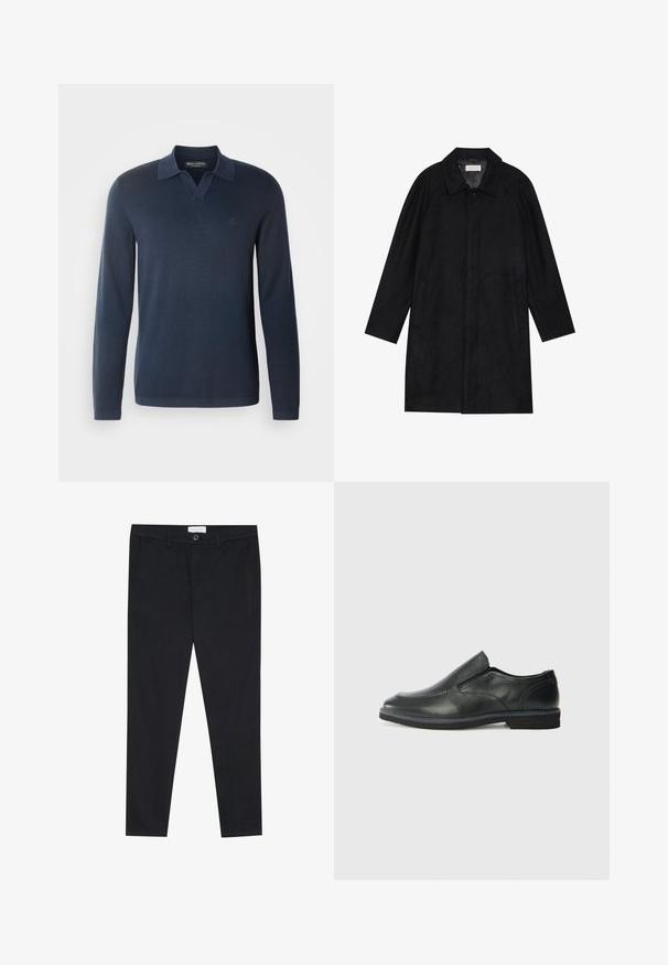 Cappotto nero realizzato in tessuto morbido e texturizzato. Caratterizzato da un colletto, maniche raglan, tasche laterali e chiusura frontale con bottoni.; Polo a maniche lunghe blu navy in un morbido tessuto texture. Presenta un colletto a V e un sottile logo ricamato sul petto.; Pantaloni neri con un design a gamba dritta, realizzati in tessuto di cotone. Presentano due tasche frontali e una chiusura con bottone in vita.; Scarpa nera in pelle con inserto scivolare, superiore liscio, dettagli cuciti, punta arrotondata e tacco in gomma basso. La suola presenta un battistrada minimale.