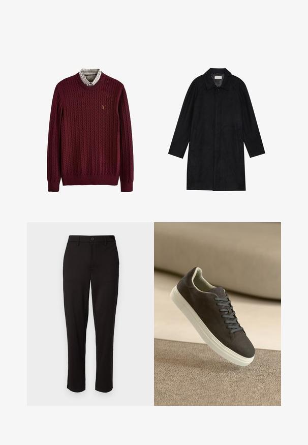 Juodas paltas, pagamintas iš minkštos, tekstūruotos medžiagos. Su apykakle, raglan rankovėmis, šoninėmis kišenėmis ir priekinėmis mygtukų uždarymo detalėmis.; Burgundi spalvos megztinis su pintomis raižytėmis, su raukinėtu apykaklės kraštu, po juo matomas kvarcinis apykaklė ir mažas logotipas ant krūtinės.; Juodi kelnių šviesaus audinio, tiesaus kirpimo, su priekyje esančia mygtuko uždarymo sistema, diržo kilpomis ir šoninėmis kišenėmis.; Tamsiai pilki zomšiniai sportbačiai su atitinkamomis raištelėmis ir balta guma, padėti ant tekstūruoto šviesiai rudo paviršiaus su minkštu fonu.