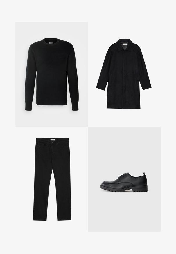 Cappotto nero realizzato in tessuto morbido e texturizzato. Caratterizzato da un colletto, maniche raglan, tasche laterali e chiusura frontale con bottoni.; Maglione nero lavorato a maglia con maniche lunghe, scollo rotondo, polsini e orlo a costine, con un piccolo logo etichetta sul lato inferiore sinistro.; Jeans neri a gamba dritta con design a cinque tasche, chiusura con bottone e zip, e etichetta del marchio Pier One sulla cintura.; Scarpa da uomo in pelle nera con una texture liscia, punta tondeggiante, lacci sul davanti e suola in gomma resistente con un motivo in rilievo.