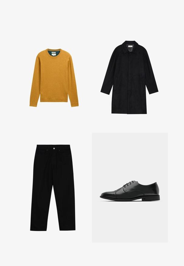 Black coat made from soft, textured fabric. Features a collar, raglan sleeves, side pockets, and a front button closure.; Mustard yellow sweater with long sleeves and a round neckline. Made from soft fabric, featuring ribbed trims and a small logo on the chest.; Black denim pants featuring a straight-leg cut, five-pocket design, and a front button closure. Smooth texture with minimal stitching details.; Black leather dress shoe with a rounded toe, lace-up design, subtle stitching details, and a low heel. Smooth texture with polished finish.