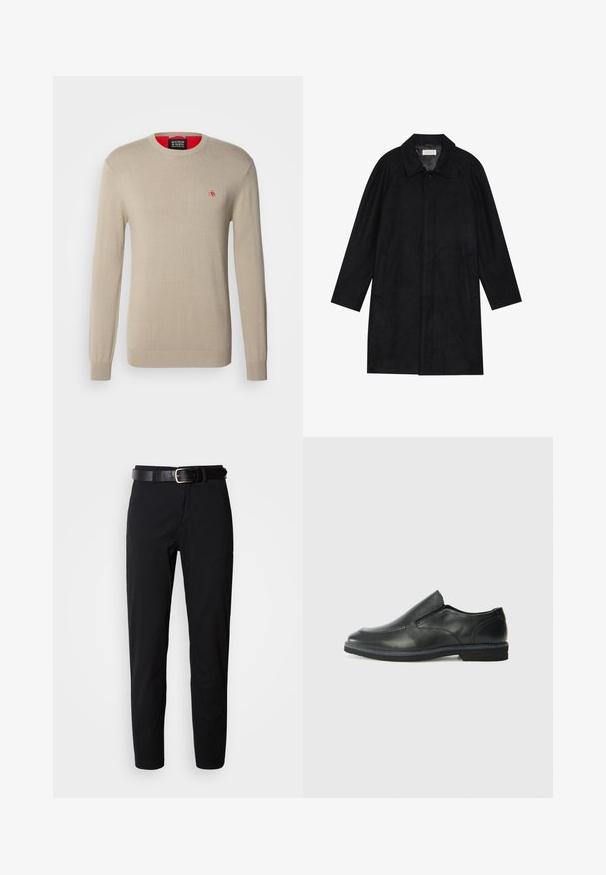Zwarte jas gemaakt van zachte, gestructureerde stof. Beschikt over een kraag, raglanmouwen, zijzakken en een knoopsluiting aan de voorkant.; Beige gebreide trui met lange mouwen, ronde hals en een klein rood logo op de borst. Heeft ribgebreide manchetten en een ribgebreide onderrand.; Zwarte broek met een rechte snit, voorzien van een zachte textuur en een zwarte leren riem met een zilveren gesp. Eenvoudig ontwerp, zonder patronen of accenten.; Zwarte leren instapper met een soepele bovenkant, gestikte accenten, ronde neus en een lage rubberen hak. De zool heeft minimale profiel.
