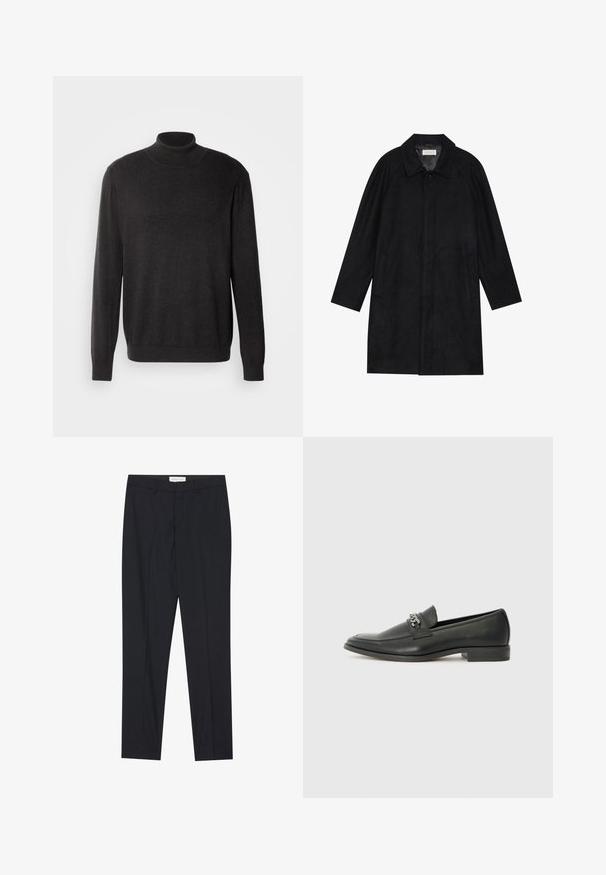 Manteau noir en tissu doux et texturé. Présente un col, des manches raglan, des poches latérales et une fermeture à boutons sur le devant.; Pull en col roulé gris foncé fabriqué dans un tissu doux et texturé ; il présente des manches longues et une silhouette ajustée, avec un col et un ourlet côtelés.; Pantalons noirs ajustés avec un devant plat, coupe régulière, en tissu lisse, avec des plis pressés et des poches latérales.; Mocassin en cuir noir avec une finition lisse, présentant un design cousu et une accent décoratif en chaîne métallique sur le rand. Talon plat.