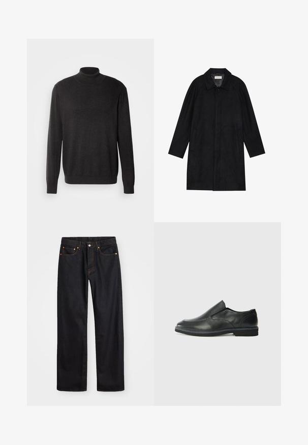 Črn plašč, izdelan iz mehkega, strukturiranega blaga. Ima ovratnik, raglan rokave, stranske žepe in sprednje zapiranje na gumbe.; Temno siva pulover s turtleneck ovratnikom, narejen iz mehkega, strukturiranega materiala; ima dolge rokave in prilegajoč kroj ter rebrast ovratnik in spodnji rob.; Moške črne kavbojke ravnega kroja z petimi žepi in oranžnim šivanjem, z gumbom in zadrgo na sprednjem pasu.; Črne usnjene natikače z gladkim zgornjim delom, prišitimi detajli, zaobljenim nosom in nizkim gumijastim petkom. Podplat ima minimalen profil.