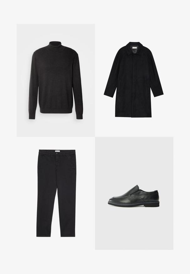 Črn plašč, izdelan iz mehkega, strukturiranega blaga. Ima ovratnik, raglan rokave, stranske žepe in sprednje zapiranje na gumbe.; Temno siva pulover s turtleneck ovratnikom, narejen iz mehkega, strukturiranega materiala; ima dolge rokave in prilegajoč kroj ter rebrast ovratnik in spodnji rob.; Črne bombažne hlače s slim fit krojem, z dvema stranskima žepoma in sprednjim gumbom za zapiranje. Teksturirano blago z nežnimi detajli.; Črne usnjene natikače z gladkim zgornjim delom, prišitimi detajli, zaobljenim nosom in nizkim gumijastim petkom. Podplat ima minimalen profil.