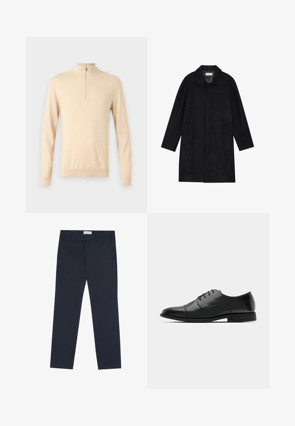 Svart frakk laget av myk, teksturert stoff. Har krage, raglanermer, sidelommer og forsterket knappelukking foran.; Beige langermet hettegenser med glidelås og høy krage, laget av mykt materiale. Har et minimalistisk design og tettsittende mansjetter.; Marineblå chinos laget av bomull med en glatt tekstur, med glidelås, beltehemper og sidelommer for funksjonalitet.; Svart skinn dressko med avrundet tå, snøring, subtile sømdetaljer og lav hæl. Glatt tekstur med polert finish.