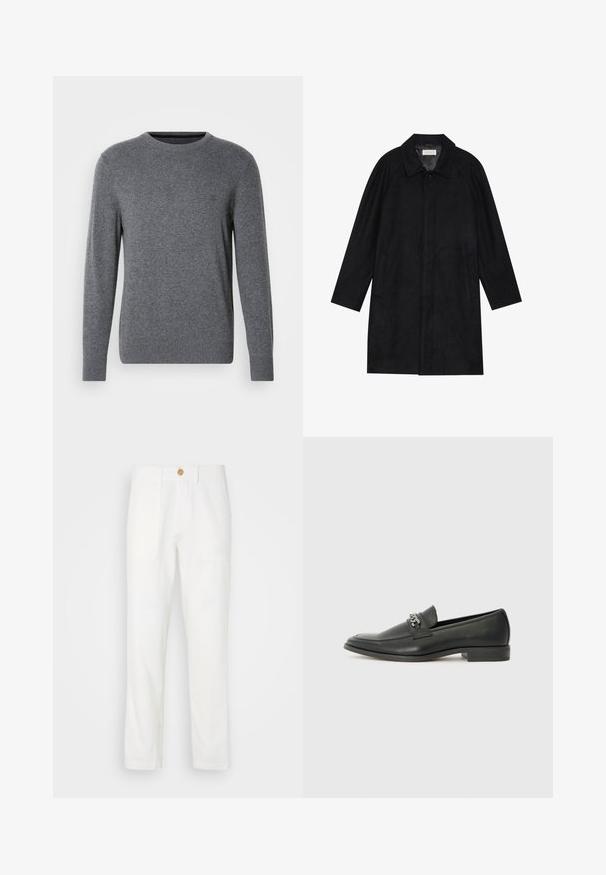 Manteau noir en tissu doux et texturé. Présente un col, des manches raglan, des poches latérales et une fermeture à boutons sur le devant.; Pull en tricot gris avec un col rond et des manches longues. Il présente des poignets et un ourlet côtelés, une texture lisse et un petit logo sur la poitrine.; Pantalons en tissu blanc avec une coupe droite, dotés de deux poches frontales et d'une fermeture à bouton. Texture lisse et design épuré.; Mocassin en cuir noir avec une finition lisse, présentant un design cousu et une accent décoratif en chaîne métallique sur le rand. Talon plat.