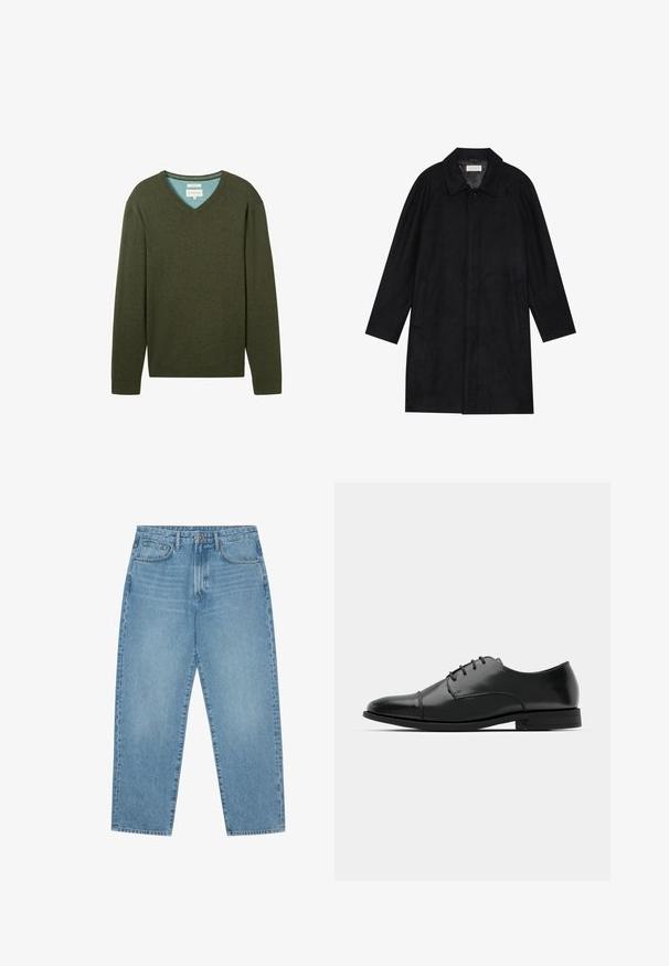 Schwarzer Mantel aus weichem, strukturiertem Stoff. Besitzt einen Kragen, Raglansärmel, seitliche Taschen und einen vorderen Knopfverschluss.; TOM TAILOR MIT V-AUSSCHNITT - Strickpullover - rosin green melange; Hellblaue Jeans im weit geschnittenen Stil mit hoher Taille, ausgestattet mit fünf Taschen, Gürtelschlaufen und einer weichen, leicht verblassten Textur.; Schwarzer Leder-Dieerschuh mit runder Zehenform, Schnürdesign, dezenten Nähdetails und niedrigem Absatz. Glatte Textur mit polierter Oberfläche.