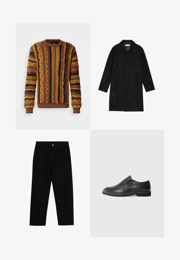 Geacă neagră dintr-un material moale și texturat. Dispune de un guler, mâneci raglan, buzunare laterale și închidere cu nasture în față.; Pulover tricotat în nuanțe de maro, galben și negru, cu motive verticale. Prezintă manșete și guler cu un model rib făcut, detalii texturate pe întreaga suprafață.; Pantaloni negri din denim cu croială dreaptă, design cu cinci buzunare și închidere frontală cu nasture. Textură netedă cu detalii de cusătură minime.; Pantof de piele neagră, tip slip-on, cu un superior neted, accente cusute, vârf rotunjit și un toc jos din cauciuc. Talpa are un profil minim de aderență.