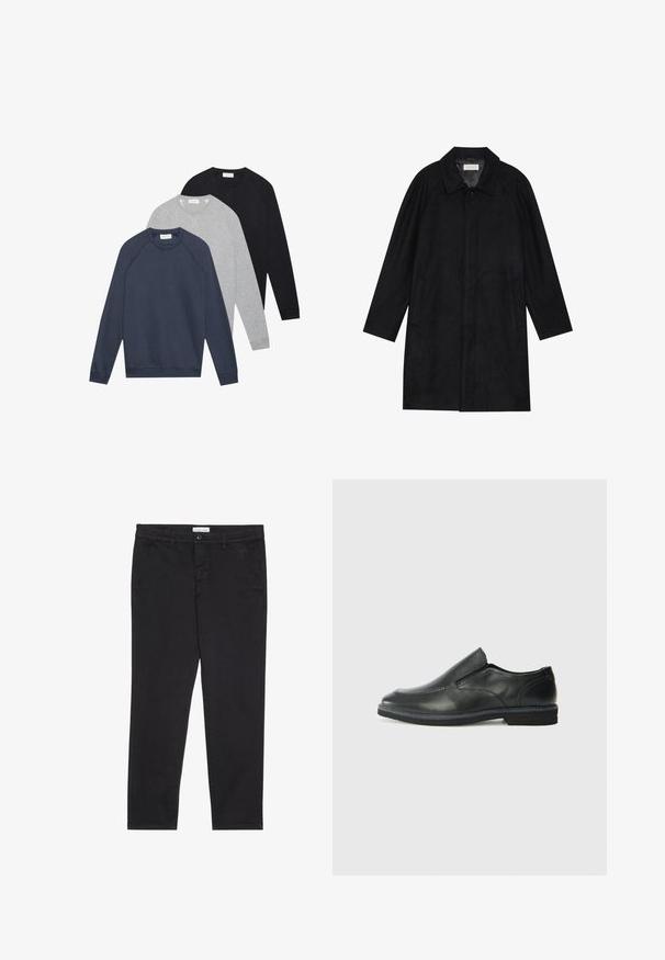 Casaco preto feito de um tecido macio e texturado. Apresenta um colarinho, mangas raglan, bolsos laterais e um fecho frontal com botões.; Três sweatshirts de manga longa com gola redonda nas cores azul-marinho, cinza-claro e preto, sobrepostas e dispostas numa superfície branca.; Calças de algodão pretas com um corte justo, apresentando dois bolsos laterais e um fecho frontal com botão. Tecido texturizado com detalhes subtis.; Sapato slip-on preto em pele com um upper liso, acabamentos cosidos, bico arredondado e um salto de borracha baixo. A sola apresenta um padrão de aderência mínimo.