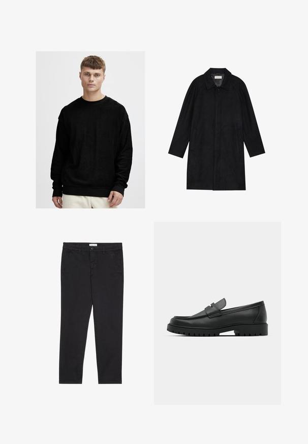 Čierny kabát vyrobený z jemnej, textúrovanej látky. Má golier, raglánové rukávy, bočné vrecká a zapínanie na prednej strane na gombíky.; Čierna mikina s dlhými rukávmi z mäkkej textúrovanej látky. Má kruhový výstrih a kontrastné čierne rebrované manžety a lem.; Čierne bavlnené nohavice so štíhlym strihom, vybavené dvoma bočnými vreckami a predným zapínaním na gombík. Textúrovaná tkanina s jemným detailovaním.; Čierne kožené mokasíny s okrúhlou špičkou, s prešitým dizajnom, nízkou platformou a textúrovanou, zúbkovanou gumovou podrážkou.