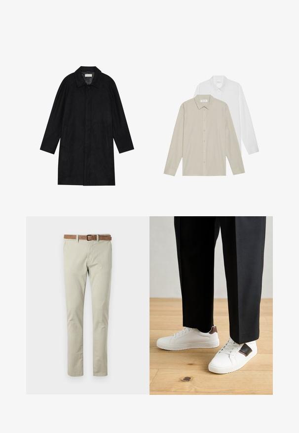 Črn plašč, izdelan iz mehkega, strukturiranega blaga. Ima ovratnik, raglan rokave, stranske žepe in sprednje zapiranje na gumbe.; Dve srajce z dolgimi rokavi: ena v belem blagu, druga v bež barvi s tankimi navpičnimi črtami. Obe imata ovratnike s gumbi in manšete.; Bežna bombažna chinos hlače s ravnim krojem. Značilnosti vključujejo rjav usnjen pas, zanke za pas in standardne sprednje ter zadnje žepe.; Beli športni copati z gladko teksturo, okrašeni z rjavimi usnjenimi detajli in črnimi poudarki, v kombinaciji s črnimi krojenimi hlačami. Ozadje iz lesenih tal.