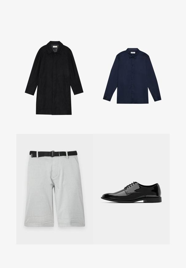 Svart frakk laget av myk, teksturert stoff. Har krage, raglanermer, sidelommer og forsterket knappelukking foran.; Marineblå langermet skjorte laget av glatt stoff, med knappefront, krage og kontrastmønstrede indre.; Lys grå shorts med et strukturert stoff, som har et svart justerbart belte og to sidelommer, kantet ved kneet med en rett kutt.; Svart lakkskinn dressko med rund tå, snøring og glatt, blank overflate. Den har en lav, gummisåle.