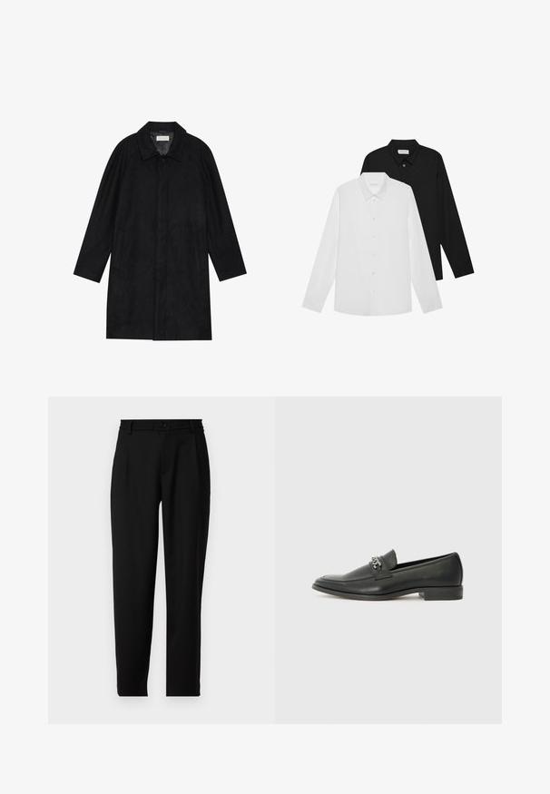 Črn plašč, izdelan iz mehkega, strukturiranega blaga. Ima ovratnik, raglan rokave, stranske žepe in sprednje zapiranje na gumbe.; Bela in črna dolga majica z dolgimi rokavi, s koničastimi ovratniki, sprednjimi gumbi in gladko teksturo tkanine. Oznake vidne na notranji strani vratu.; Črne hlače ravnega kroja, z elastičnim pasom na hrbtni strani in sprednjim gumbom za zapiranje. Narejene iz gladkega materiala.; Črni usnjeni loafer z gladko površino, ki ima šivano zasnovo in dekorativni kovinski verižni naglas preko vampirja. Ravno peto.