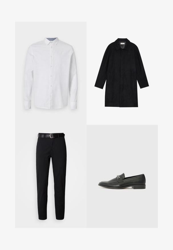 Manteau noir en tissu doux et texturé. Présente un col, des manches raglan, des poches latérales et une fermeture à boutons sur le devant.; Chemise blanche à manches longues en tissu léger avec une fermeture à boutons sur le devant, un col et une texture subtile. Comprend un détail de col intérieur en contraste.; Pantalon noir à coupe droite, avec une texture lisse et une ceinture en cuir noir avec une boucle en métal argenté. Design simple, sans motifs ni accents.; Mocassin en cuir noir avec une finition lisse, présentant un design cousu et une accent décoratif en chaîne métallique sur le rand. Talon plat.