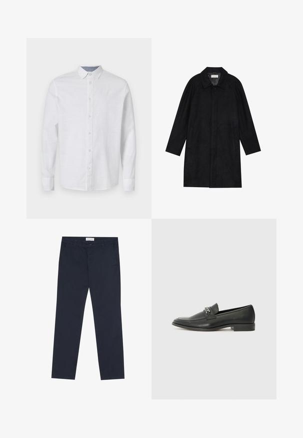 Abrigo negro hecho de un tejido suave y texturizado. Presenta un cuello, mangas raglán, bolsillos laterales y un cierre frontal con botones.; Camisa blanca de manga larga en tejido ligero con un cierre de botones al frente, cuello y una textura sutil. Incluye un detalle de contraste en el interior del cuello.; Chinos azul marino de algodón con una textura suave, que cuentan con un cierre de cremallera, trabillas para el cinturón y bolsillos laterales para mayor funcionalidad.; Mocasín de cuero negro con un acabado suave, que cuenta con un diseño de costura y un acento decorativo de cadena de metal en el empeine. Tacón plano.