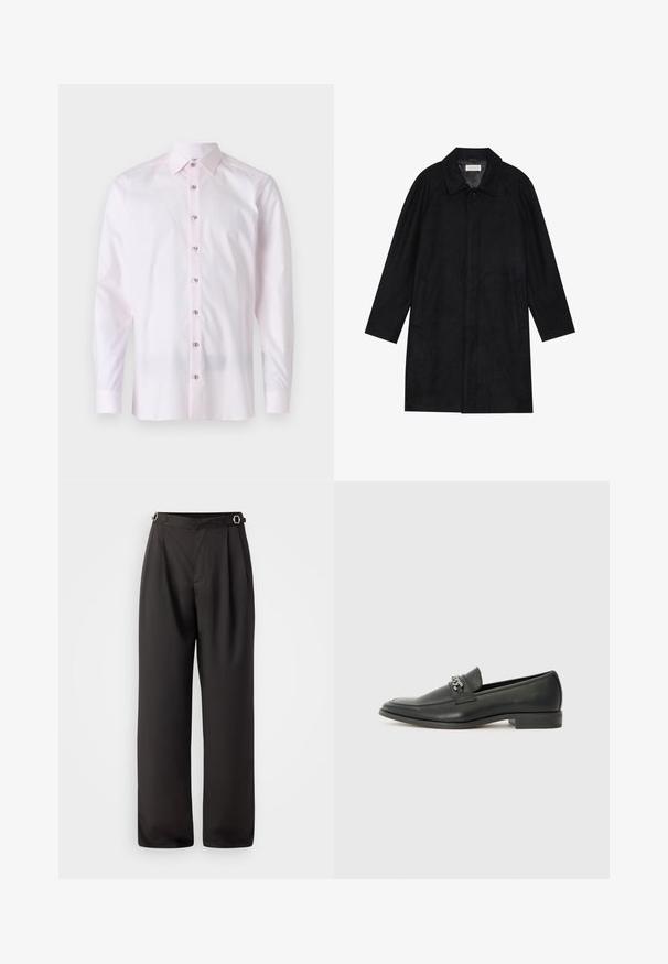 Cappotto nero realizzato in tessuto morbido e texturizzato. Caratterizzato da un colletto, maniche raglan, tasche laterali e chiusura frontale con bottoni.; Camicia a maniche lunghe di un delicato rosa, realizzata in tessuto liscio. Presenta un colletto a punta e una chiusura frontale con bottoni a contrasto.; Pantaloni neri a gamba larga realizzati in tessuto liscio, con vita alta, due fibbie argentate in vita e un design plissettato sul davanti.; Mocassino in pelle nera con finitura liscia, caratterizzato da un design cucito e da un accento decorativo in catena metallica sul vamp. Tacco piatto.