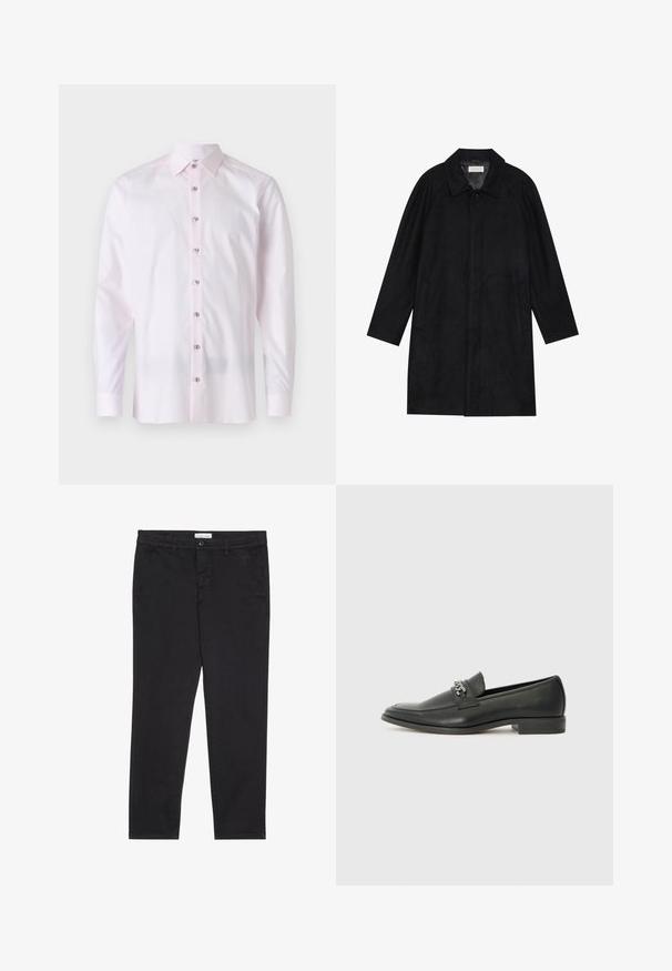 Schwarzer Mantel aus weichem, strukturiertem Stoff. Besitzt einen Kragen, Raglansärmel, seitliche Taschen und einen vorderen Knopfverschluss.; Helles rosa Langarmhemd aus glattem Stoff. Verfügt über einen spitzen Kragen und eine Knopfleiste mit kontrastierenden Knöpfen.; Schwarze Baumwollhose im Slim-Fit-Stil mit zwei seitlichen Taschen und einem vorderen Knopfverschluss. Strukturierter Stoff mit subtilen Details.; Schwarzer Lederloafer mit glatter Oberfläche, ausgestattet mit einer gesteppten Gestaltung und einem dekorativen Metallkettendetail über dem Vorderblatt. Flacher Absatz.