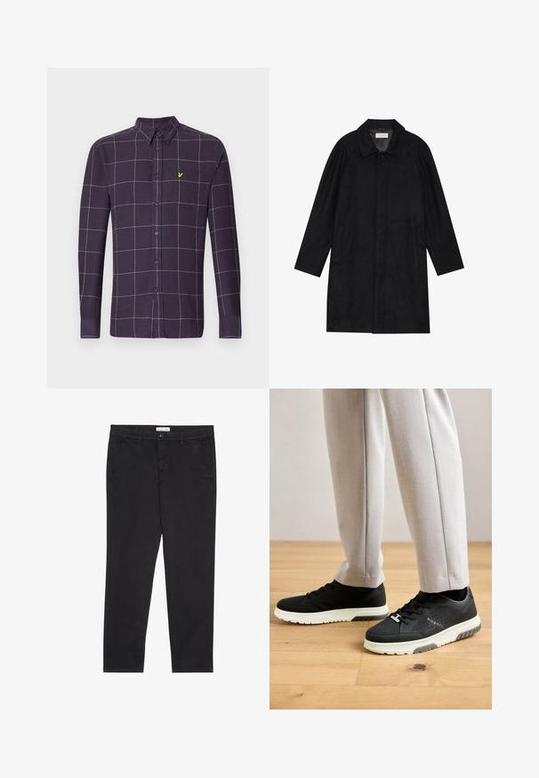 Melnā jaka, izgatavota no mīksta, teksturēta auduma. Ar apkakli, raglāna piedurknēm, sānu kabatām un priekšējo pogu aizdari.; Tumšvioleta garām piedurknēm pogājama krekls ar baltu un pelēku režģa rakstu. Izceļas ar mazu zaļu emblēmu uz krūšu kabatas.; Melni kokvilnas bikses ar šauru piegriezumu, kurām ir divas sānu kabatas un priekšējā pogu aizdare. Tekstūrēta auduma ar smalku detalizāciju.; Kājas, kas ģērbtas gaiši beidzētos biksēs un melnās Bugatti kedās ar baltām zoltēm, stāv uz koka grīdas.