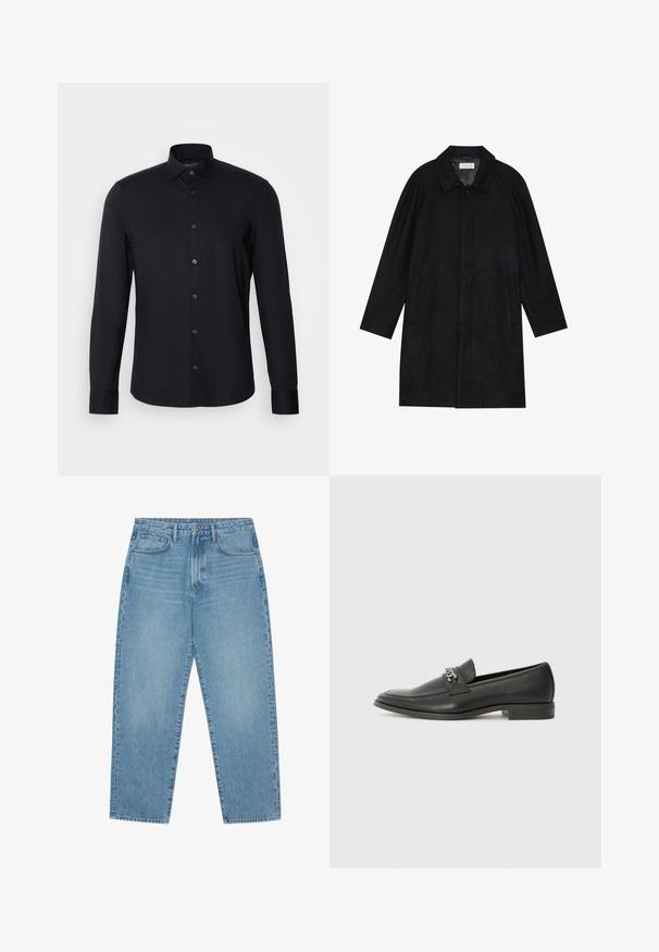 Črn plašč, izdelan iz mehkega, strukturiranega blaga. Ima ovratnik, raglan rokave, stranske žepe in sprednje zapiranje na gumbe.; Črna majica z dolgimi rokavi, izdelana iz mešanice bombaža. Ima ovratnik s gumbki, sprednje gumbke in subtilno vezeno logo na prsih.; Svijetloplavi traper široki traperice s visokim strukom, s pet džepova, petljama za remen i mekom, pomalo izblijedjelom teksturom.; Črni usnjeni loafer z gladko površino, ki ima šivano zasnovo in dekorativni kovinski verižni naglas preko vampirja. Ravno peto.