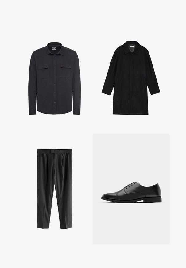 Czarny płaszcz wykonany z miękkiego, teksturowanego materiału. Posiada kołnierz, rękawy raglanowe, boczne kieszenie oraz zapięcie na guziki z przodu.; Ciemnoniebieska koszula z textured materiałem, zapinana z przodu, z kołnierzykiem i dwiema kieszeniami na piersi. Posiada małe logo na lewej kieszeni.; Next REGULAR FIT czarny; Czarne skórzane buty do garnituru z okrągłym noskiem, sznurowanym zapięciem, subtelnymi detalami przeszycia oraz niskim obcasem. Gładka faktura z polerowanym wykończeniem.