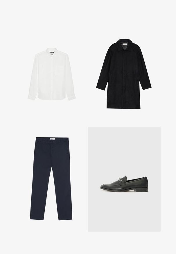 Svart frakk laget av myk, teksturert stoff. Har krage, raglanermer, sidelommer og forsterket knappelukking foran.; Hvit langermet skjorte laget av lin, med krage som kan kneppes ned, en frontlomme og knappeåpning foran. Teksturert stoff.; Marineblå chinos laget av bomull med en glatt tekstur, med glidelås, beltehemper og sidelommer for funksjonalitet.; Sorte skinnloafers med en glatt finish, og med en sydd design og en dekorativ metallkjedeakcent over foten. Flat hæl.
