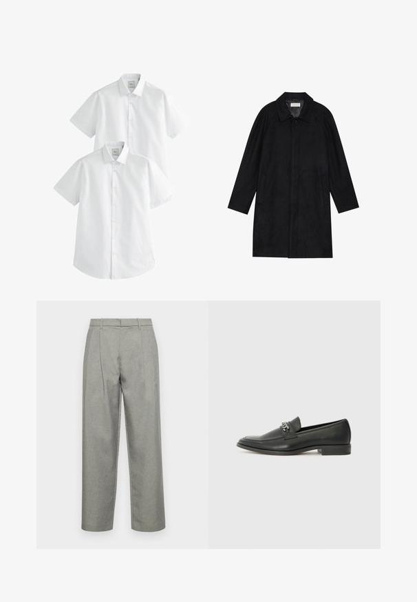 Černý kabát vyrobený z měkké, strukturované tkaniny. Má límec, raglánové rukávy, boční kapsy a přední zapínání na knoflíky.; Bílé krátké rukávy košile v balení po dvou, s límci na knoflíky a hladkým bavlněným materiálem, navržené pro neformální nošení.; Šedé vykrojené kalhoty vyrobené z texturované tkaniny, se střihem rovného nohavice, předními sklady a standardním pasem s poutky na opasek.; Černé kožené mokasíny s hladkým povrchem, s prošívaným designem a dekoračním kovovým řetízkem přes nárt. Plochý podpatek.