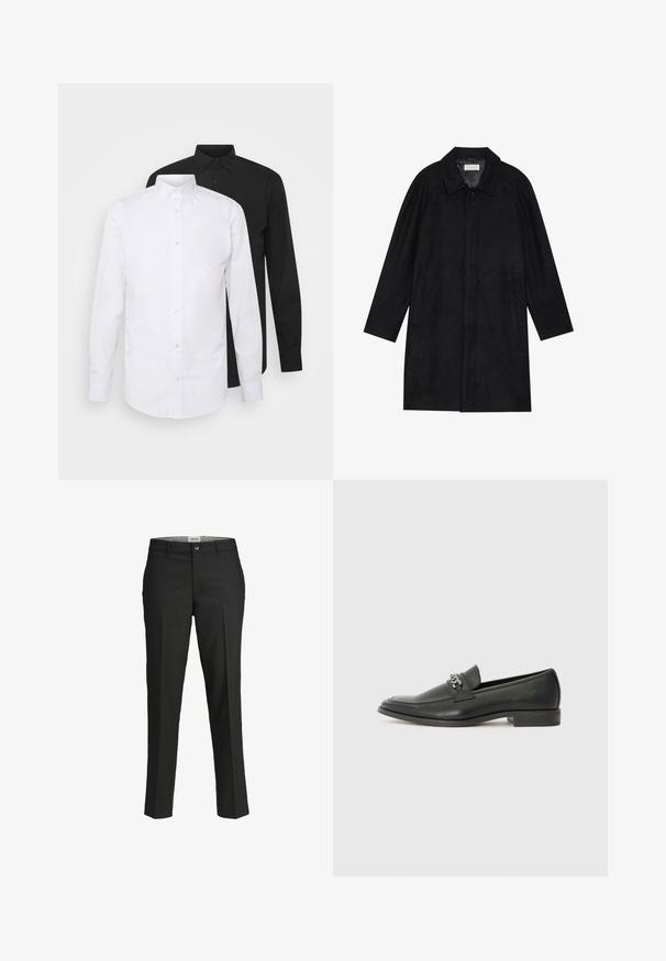 Black coat made from soft, textured fabric. Features a collar, raglan sleeves, side pockets, and a front button closure.; Two long-sleeve shirts, one white and one black, featuring a pointed collar and button closure, made from smooth fabric.; Black trousers, tailored fit, smooth fabric, mid-rise waist, front button closure, diagonal pockets, and crease detailing down the legs.; Black leather loafer with a smooth finish, featuring a stitched design and a decorative metal chain accent across the vamp. Flat heel.