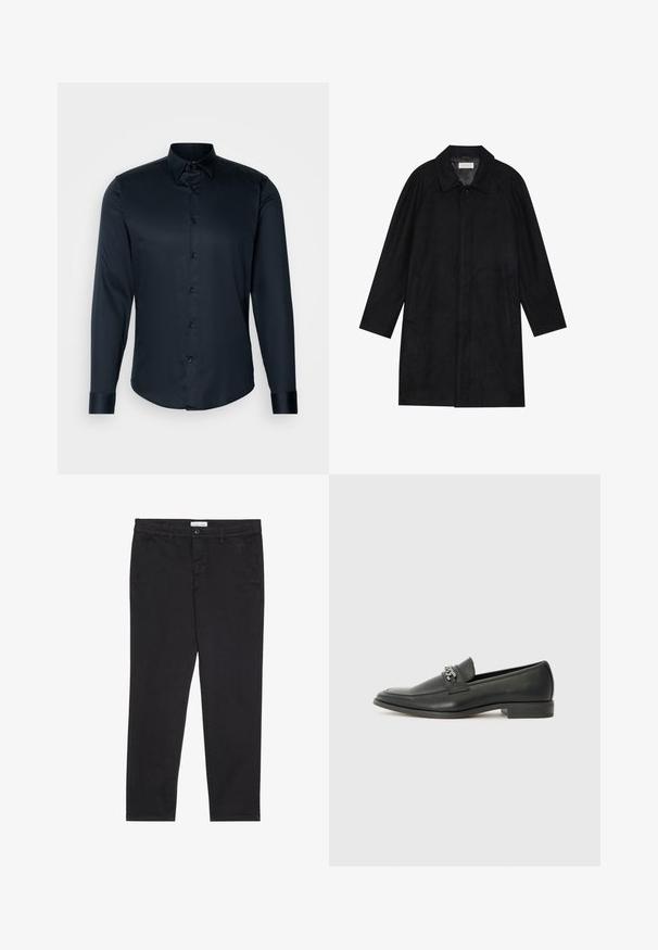 Černý kabát vyrobený z měkké, strukturované tkaniny. Má límec, raglánové rukávy, boční kapsy a přední zapínání na knoflíky.; Lindbergh PLAIN - Košile - navy; Černé bavlněné kalhoty s úzkým střihem, které mají dvě boční kapsy a přední zapínání na knoflík. Texturovaná tkanina s jemnými detaily.; Černé kožené mokasíny s hladkým povrchem, s prošívaným designem a dekoračním kovovým řetízkem přes nárt. Plochý podpatek.