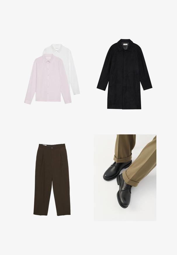 Zwarte jas gemaakt van zachte, gestructureerde stof. Beschikt over een kraag, raglanmouwen, zijzakken en een knoopsluiting aan de voorkant.; Twee overhemden met lange mouwen: één lichtroze, één wit. Beide hebben een spitse kraag en knoopsluiting. Glad stof zonder patronen.; Donkere bruine op maat gemaakte broeken met voorplooien, riemlussen en een knoopsluiting in de taille.; Zwarte leren brogues met een gladde afwerking, voorzien van veters en een ronde neus, gecombineerd met opgerolde khaki broek.
