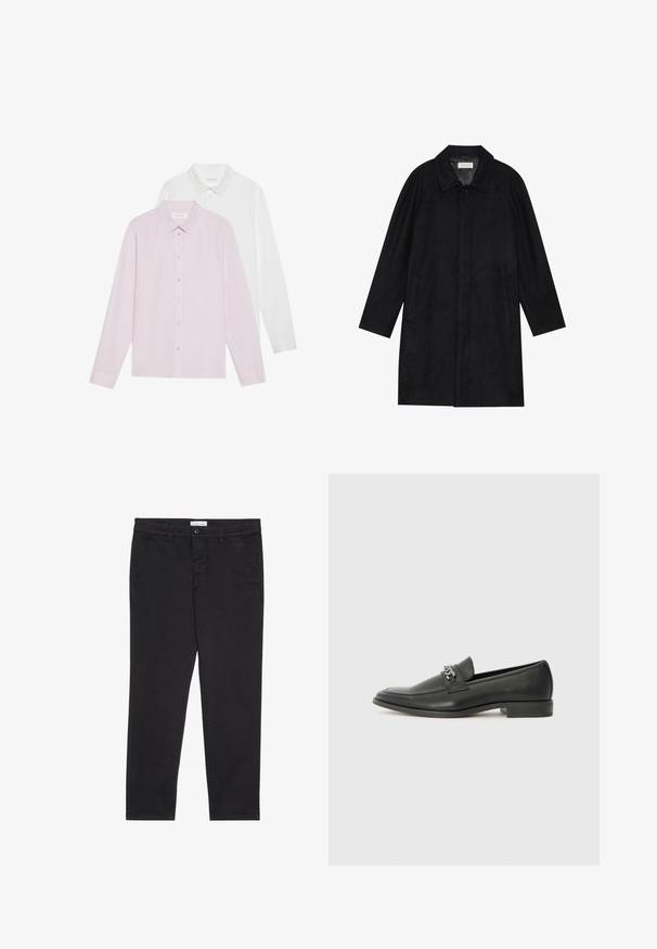 Must mustritud pehme kangast must mantel. Omab kraed, raglanvarrukaid, külgkotte ja ees nuppe.; Kaks pikkade varrukatega särki: üks hele roosa, teine valge. Mõlemal on teravad kraed ja nööbistamine. Sile kangas, ilma mustriteta.; Mustad puuvillased püksid kitsas lõikes, millel on kaks külgtaskut ja ees klõpsuga kinnitamine. Tekstuuriga kangas, millel on peened detailid.; Must haveate nahkking punased, millel on sile viimistlus, tikitud muster ja dekoratiivne metallkett vampi üle. Tasane konts.