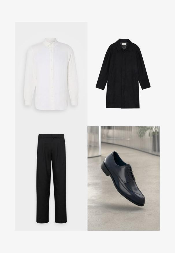 Czarny płaszcz wykonany z miękkiego, teksturowanego materiału. Posiada kołnierz, rękawy raglanowe, boczne kieszenie oraz zapięcie na guziki z przodu.; Biała lniana koszula z długim rękawem i kołnierzykiem zapinanym na guziki, z przodem z wlotem i beżowymi guzikami, gładka w dotyku i luźny krój.; Czarne spodnie wykonane z gładkiego materiału, z prostą nogawką, dwoma fałdami z przodu oraz standardowym paskiem z wypustkami na pasek.; Lśniący czarny skórzany but na obcasie z sznurówkami, unoszący się nad gładką, jasnoszarym podłogą oraz pionowymi metalowymi prętami w tle.