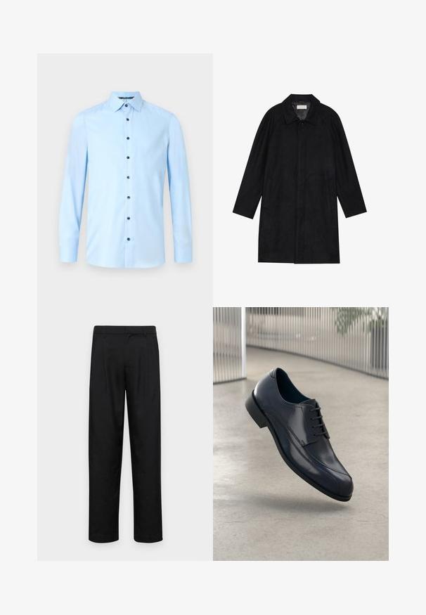 Zwarte jas gemaakt van zachte, gestructureerde stof. Beschikt over een kraag, raglanmouwen, zijzakken en een knoopsluiting aan de voorkant.; Lichtblauwe overhemdbloes gemaakt van een gladde stof. Beschikt over een klassieke kraag, lange mouwen en donkere knopen op de voorste zichtlijn.; Zwarte broeken van gladde stof, met een recht model, twee voorknikken en een standaard tailleband met riemlussen.; Glanzende zwarte leren schoenen met veters, zwevend boven een glad, lichtgrijze vloer en verticale metalen stangen op de achtergrond.