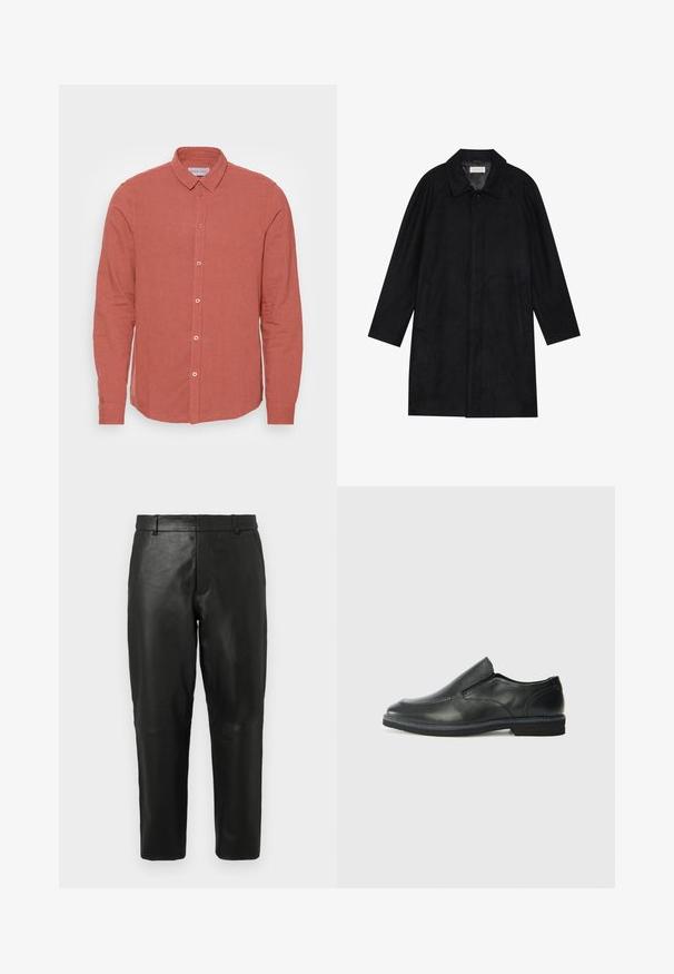 Črn plašč, izdelan iz mehkega, strukturiranega blaga. Ima ovratnik, raglan rokave, stranske žepe in sprednje zapiranje na gumbe.; Srajca z dolgimi rokavi iz bledokoralnega lanu, ki ima klasičen ovratnik in sprednje zapiranje z gumbi v usklajeni barvi. Gladka tekstura in prilagojen kroj.; Črne usnjene hlače ravnega kroja z zanko za pas in stranskimi žepi, prikazane proti običajni svetli ozadju.; Črne usnjene natikače z gladkim zgornjim delom, prišitimi detajli, zaobljenim nosom in nizkim gumijastim petkom. Podplat ima minimalen profil.
