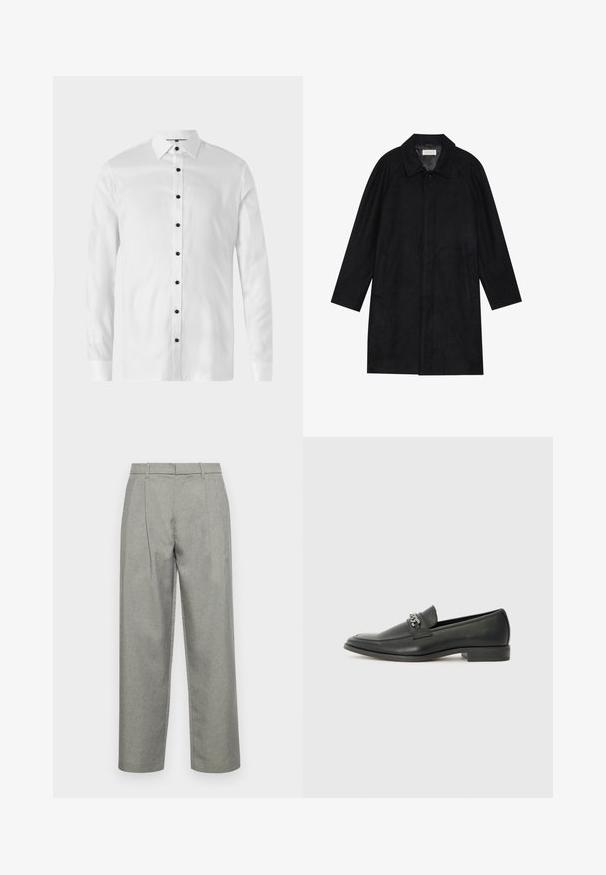 Juodas paltas, pagamintas iš minkštos, tekstūruotos medžiagos. Su apykakle, raglan rankovėmis, šoninėmis kišenėmis ir priekinėmis mygtukų uždarymo detalėmis.; Balta ilgomis rankovėmis mygtukų marškiniai su juodais mygtukais, klasikinė apykaklė ir lygus audinys, sukurtas pritaikytam siluetui.; Pilkos pritaikytos kelnės, pagamintos iš tekstūruoto audinio, su tiesiais keliamos dizainu, priekinėmis klostėmis ir standartiniu juosmeniu su diržo kilpomis.; Juodos odinės loafer tipo bateliai su lygiu paviršiumi, turintys siuvinėtą dizainą ir dekoratyvų metalo grandinėlės akcentą ant batų viršaus. Plokščias kulnas.