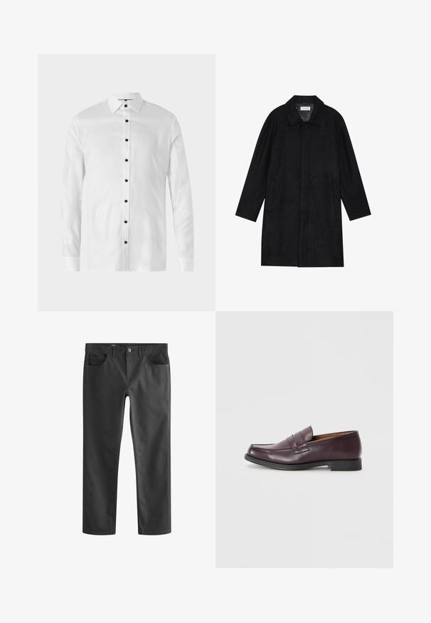 Zwarte jas gemaakt van zachte, gestructureerde stof. Beschikt over een kraag, raglanmouwen, zijzakken en een knoopsluiting aan de voorkant.; Witte lange mouwen overhemd met knopen in het zwart, een klassieke kraag en een gladde textuur, ontworpen voor een getailleerde pasvorm.; Donkergrijze denimbroek met een klassieke recht toegekende snit, uitgerust met twee voorkruiszakken en een knoopsluiting. Soepele textuur en minimale afwerking.; Bordeaux leren loafers met een ronde neus, subtiele stiksels en een lage zwarte zool. Klassiek ontwerp met minimale versieringen.