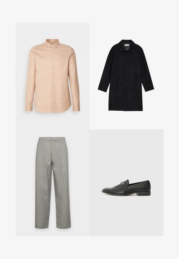 Čierny kabát vyrobený z jemnej, textúrovanej látky. Má golier, raglánové rukávy, bočné vrecká a zapínanie na prednej strane na gombíky.; Svetlo béžová košeľa na gombíky vyrobená z bavlny s dlhými rukávmi, priliehavým golierom a malým logom na hrudi. Hladká textura, klasický dizajn.; Sivé upravené nohavice z textúrovanej tkaniny, so strihom s rovnými nohavicami, prednými záhybmi a štandardným pásom s pútkami na opasok.; Čierne kožené loafers s hladkým povrchom, s prešitým dizajnom a dekoratívnym kovovým reťazovým akcentom cez priehlavok. Plochý podpätok.