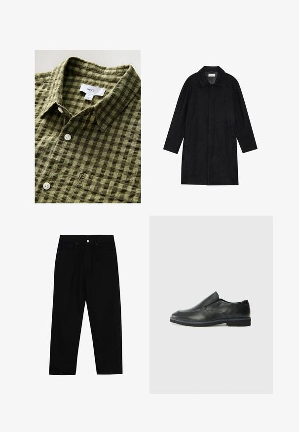 Manteau noir en tissu doux et texturé. Présente un col, des manches raglan, des poches latérales et une fermeture à boutons sur le devant.; Chemise à manches courtes à carreaux verts en tissu doux, avec un col à boutons et des boutons blancs, portant une étiquette et une étiquette de taille attachées.; Pantalons en denim noir avec une coupe droite, un design à cinq poches et une fermeture à bouton à l'avant. Texture lisse avec des détails de couture minimaux.; Chaussure slip-on en cuir noir avec une tige lisse, des accents cousus, un bout arrondi et un petit talon en caoutchouc. La semelle présente un profil de traction minimal.