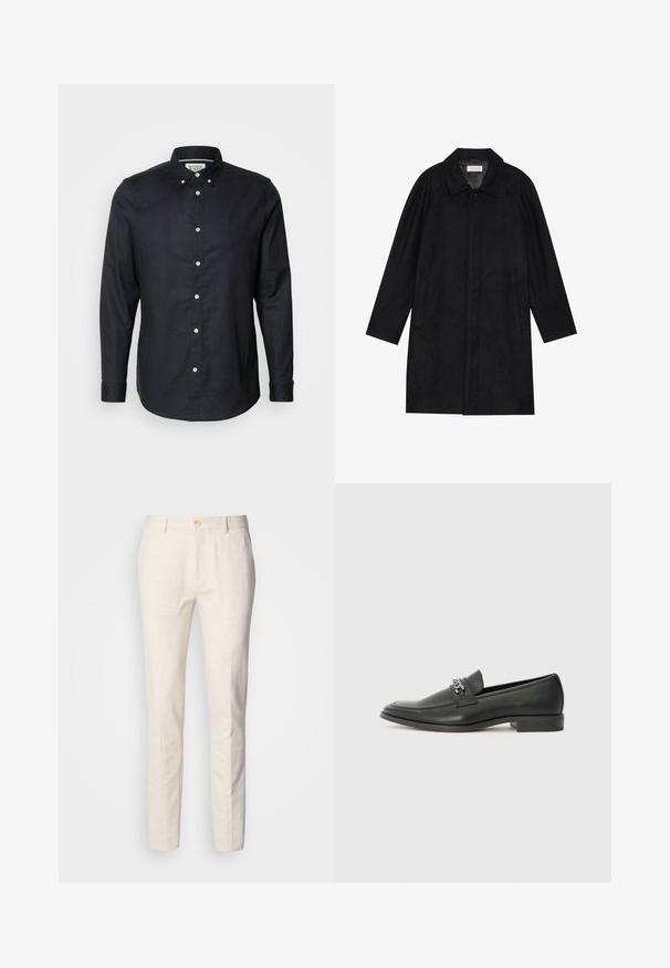 Manteau noir en tissu doux et texturé. Présente un col, des manches raglan, des poches latérales et une fermeture à boutons sur le devant.; Scotch & Soda CORE OXFORD SOLID - Chemise - black; Pantalons ajustés de couleur beige clair fabriqués en tissu doux. Ils disposent d'une fermeture à bouton, de passants de ceinture et d'une coupe slim avec des jambes droites et une texture minimale.; Mocassin en cuir noir avec une finition lisse, présentant un design cousu et une accent décoratif en chaîne métallique sur le rand. Talon plat.
