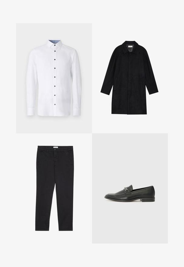 Melnā jaka, izgatavota no mīksta, teksturēta auduma. Ar apkakli, raglāna piedurknēm, sānu kabatām un priekšējo pogu aizdari.; Balta krekla garām piedurknēm ar klasisku apkakli, melni pogas pa priekšu un kontrastējoša gaiši zilās krāsas apkakles iekšpuse. Gluda auduma faktūra.; Melni kokvilnas bikses ar šauru piegriezumu, kurām ir divas sānu kabatas un priekšējā pogu aizdare. Tekstūrēta auduma ar smalku detalizāciju.; Melna ādas loafer izmēra apavi ar gludu virsmu, piedāvā ar šūtu dizainu un dekoratīvu metāla ķēdes akcentu pār vampu. Plakana papēža daļa.