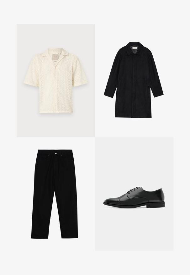 Geacă neagră dintr-un material moale și texturat. Dispune de un guler, mâneci raglan, buzunare laterale și închidere cu nasture în față.; Cămașă cu mânecă scurtă, de culoare crem, confecționată dintr-un material texturat cu un model în zigzag și închidere cu butoane. Prezintă un guler clasic și un buzunar.; Pantaloni negri din denim cu croială dreaptă, design cu cinci buzunare și închidere frontală cu nasture. Textură netedă cu detalii de cusătură minime.; Pantofii negri din piele, cu vârful rotunjit, design cu șireturi, detalii de cusătură subtile și toc joasă. Textura netedă cu un finisaj lustruit.