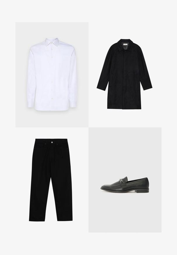 Melnā jaka, izgatavota no mīksta, teksturēta auduma. Ar apkakli, raglāna piedurknēm, sānu kabatām un priekšējo pogu aizdari.; Balta garām piedurknēm pogārā krekls, izgatavots no gludas kokvilnas, ar norādītu apkakli un sešām pogām priekšpusē, kuram ir standarta aproces.; Melni džinsi ar taisnu kāju griezumu, piecu kabatu dizainu un priekšēju pogu aizdari. Gluda tekstūra ar minimālu šuvju detaļu skaitu.; Melna ādas loafer izmēra apavi ar gludu virsmu, piedāvā ar šūtu dizainu un dekoratīvu metāla ķēdes akcentu pār vampu. Plakana papēža daļa.