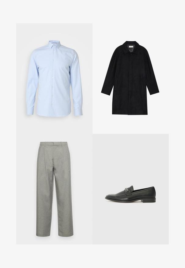Melnā jaka, izgatavota no mīksta, teksturēta auduma. Ar apkakli, raglāna piedurknēm, sānu kabatām un priekšējo pogu aizdari.; Gai zils krekls ar garām piedurknēm, klasiskā apkakle, izgatavots no gludas auduma, ar baltām pogām pa priekšpusi, minimālisma dizains.; Pelēki piegriezti bikses, izgatavotas no teksturēta auduma, ar taisnu kāju dizainu, priekšējiem krokām un standarta jostu ar jostu cilpām.; Melna ādas loafer izmēra apavi ar gludu virsmu, piedāvā ar šūtu dizainu un dekoratīvu metāla ķēdes akcentu pār vampu. Plakana papēža daļa.