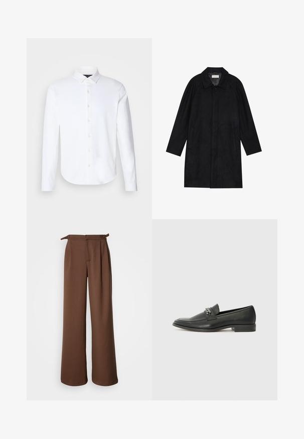 Črn plašč, izdelan iz mehkega, strukturiranega blaga. Ima ovratnik, raglan rokave, stranske žepe in sprednje zapiranje na gumbe.; Bela srajca z dolgimi rokavi iz mešanice bombaža s klasičnim ovratnikom, zadrgo spredaj, zaobljenim robom in gladkim teksturo.; Široke hlače v rjavi barvi, izdelane iz mehke tkanine. Imajo visok pas z naborki in stranskimi vezalkami, kar omogoča sproščen kroj in gladko teksturo.; Črni usnjeni loafer z gladko površino, ki ima šivano zasnovo in dekorativni kovinski verižni naglas preko vampirja. Ravno peto.