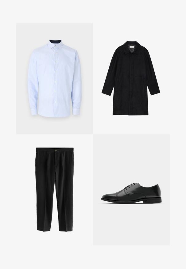 Melnā jaka, izgatavota no mīksta, teksturēta auduma. Ar apkakli, raglāna piedurknēm, sānu kabatām un priekšējo pogu aizdari.; Gai zils svītrots garām piedurknēm krekls ar pogām pie kakla, ar baltām pogām, aproču detaļu un vienkrāsainu tumšu apkakli.; Melni bikses, kas izgatavotas no viegla auduma, ar taisnu kāju dizainu, sarauktu priekšpusi un vienu pogu aizdari viduklī.; Melnas ādas vadmalas kurpes ar noapaļotu purngalu, saistījuma dizains, smalkas izšuvumu detaļas un zema papēža. Gluda tekstūra ar spīdīgu apdari.