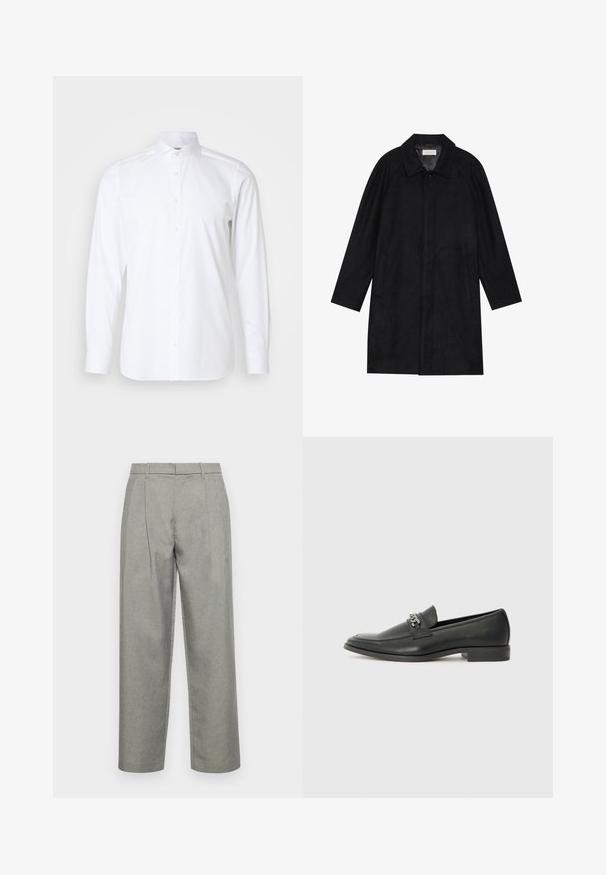Schwarzer Mantel aus weichem, strukturiertem Stoff. Besitzt einen Kragen, Raglansärmel, seitliche Taschen und einen vorderen Knopfverschluss.; Weißes Langarmhemd aus glattem Stoff, mit klassischem Kragen, Knopfleiste und tailliertem Schnitt. Keine Muster oder Akzente.; Graue maßgeschneiderte Hose aus strukturiertem Stoff mit geradem Bein, Bundfalten und einem Standardbund mit Gürtelschlaufen.; Schwarzer Lederloafer mit glatter Oberfläche, ausgestattet mit einer gesteppten Gestaltung und einem dekorativen Metallkettendetail über dem Vorderblatt. Flacher Absatz.