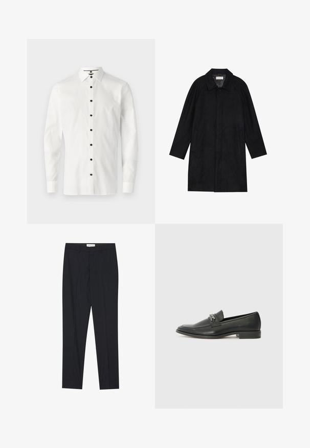 Fekete kabát puha, texturált anyagból készült. Gallérral, raglán ujjal, oldalsó zsebekkel és elülső gombos záródással rendelkezik.; Fehér, hosszú ujjú ing sima anyagból, gombos elasztikus gallérral és hat fekete gombbal az elején.; Fekete, szabott nadrág, lapos elejű, normál szabású, sima anyagból készült, gyűrt pliszével és oldalsó zsebekkel.; Fekete bőr loaferek sima felülettel, varrott mintával és díszítő fém lánccal a cipő elején. Lapos sarok.
